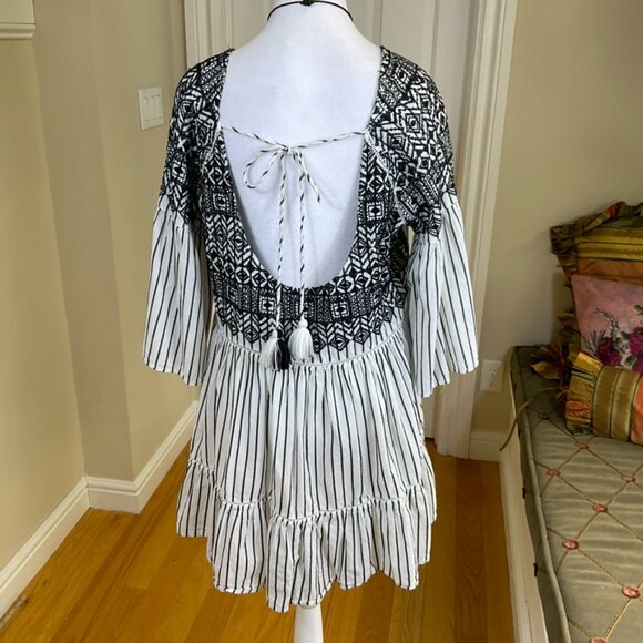 Free People Dress Lola Babydoll Embroidered Striped Mini Black White (S) - Picture 4 of 8